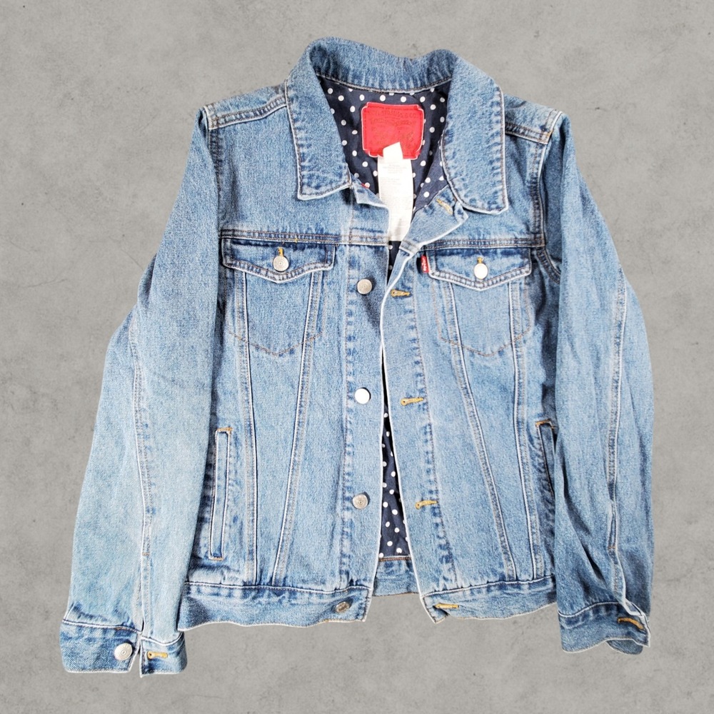 Levis Denim Trucker Jacket Women XL Blue Polka Dot Lining Type 3 Workwear Casual